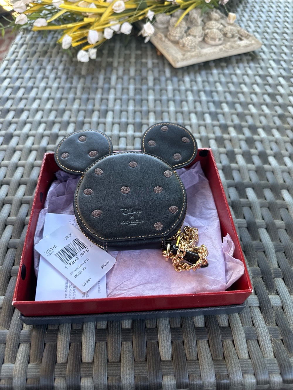 Coach Disney Black Minnie Mouse Polka Dot Coin Pouch with Gold Chain